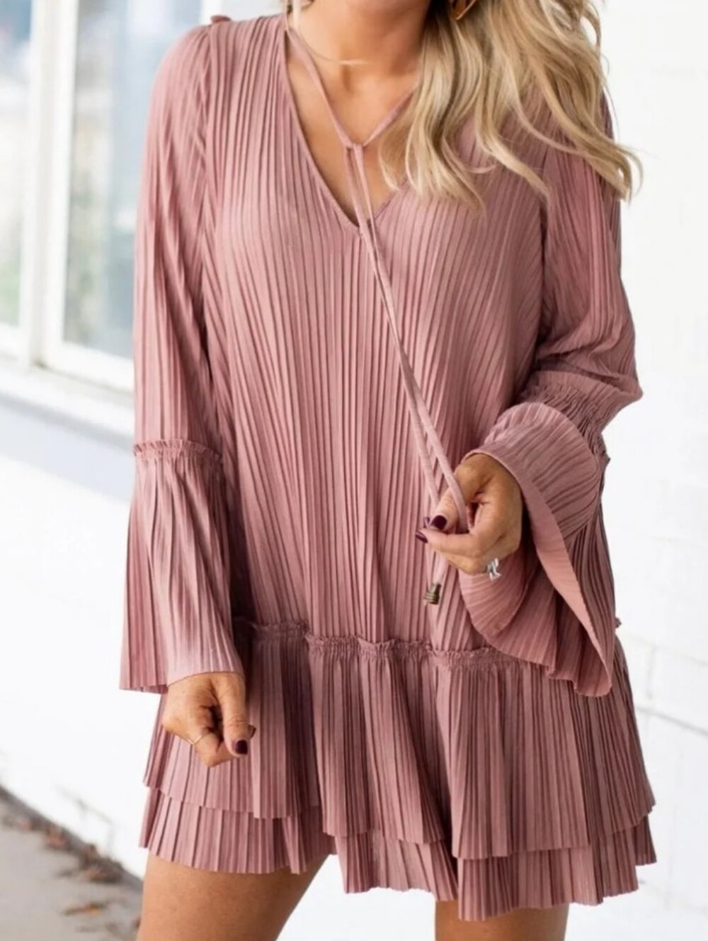 Free People Cant Help It Pleated Long-Sleeve Tiered Dress